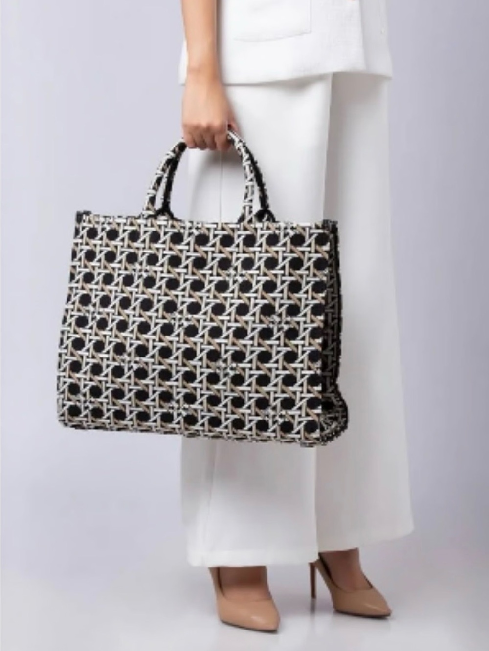 Tory Burch Ella Circular Knit Tote - Black, White and Tan - Picture 14 of 16